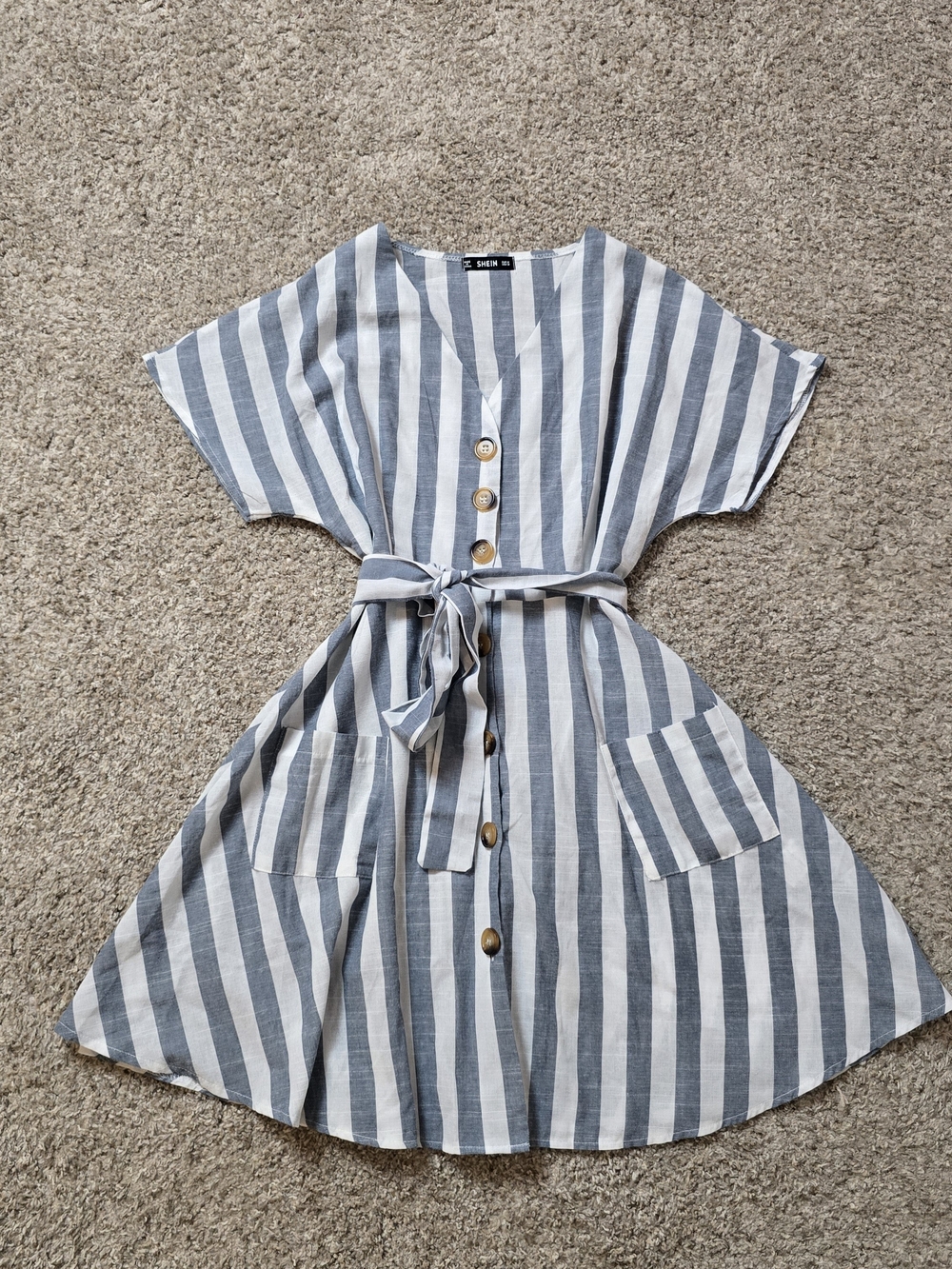 Blue/White Striped Cap Sleeve V-Neck Chic Button Shirt Dress Belted Pockets M